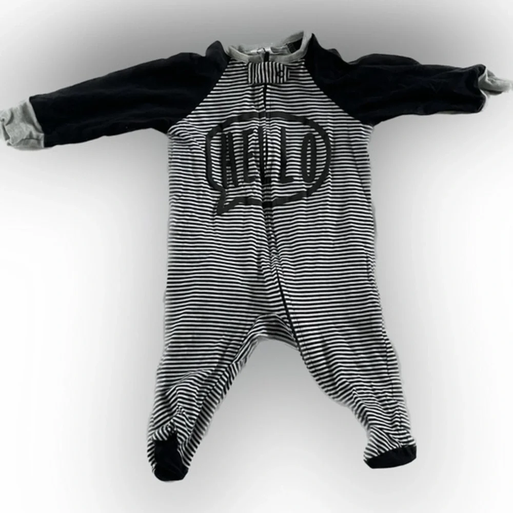 Amazon Essentials Black & White Striped Footed One-Piece with Hello Graphic - Picture 1 of 4
